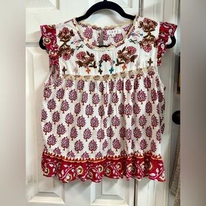 THML White Top with Pink, Red and Green Floral Embroidery